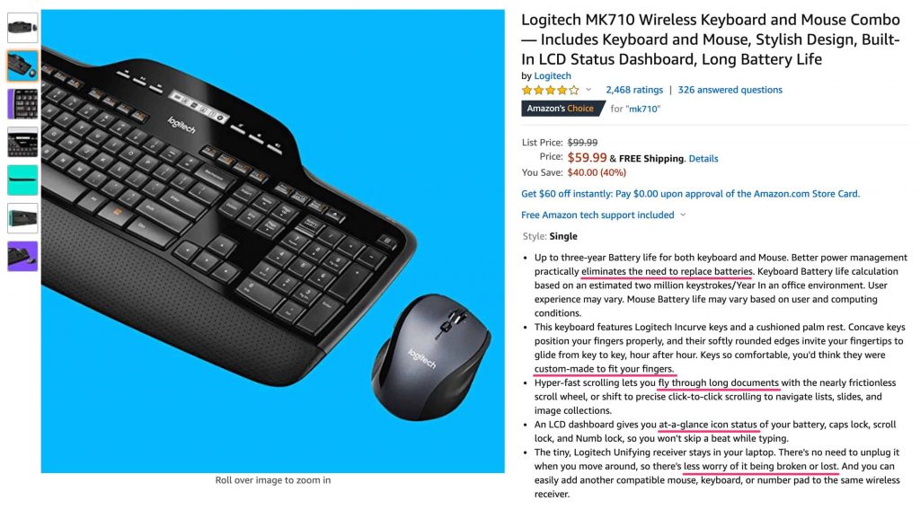 Amazon.com screen capture with a keyboard and mouse product page highlighting the benefits in the product bullet points