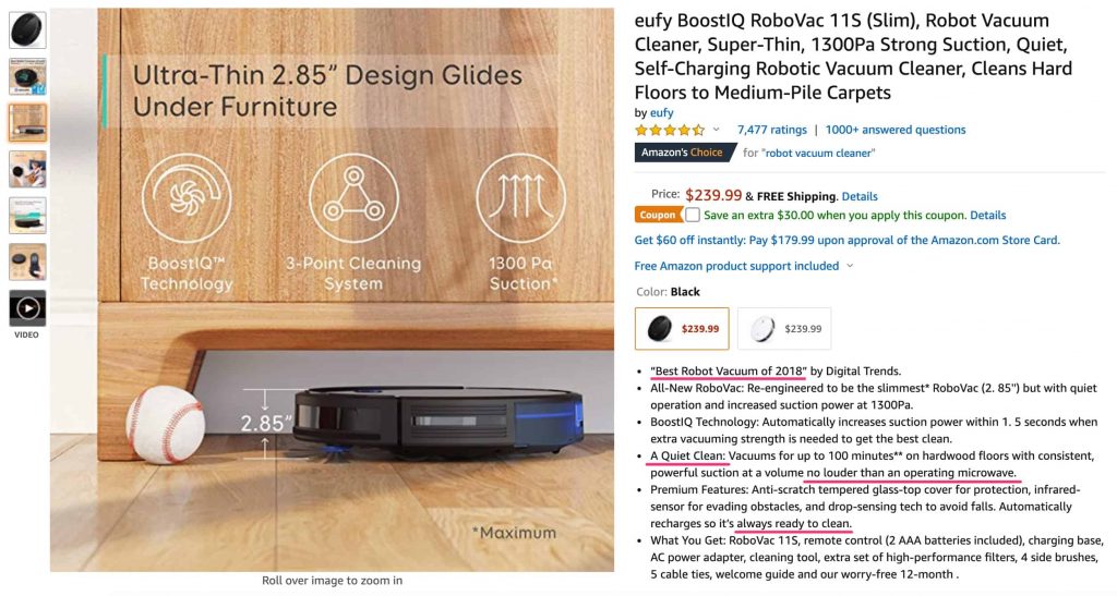 Amazon.com screen capture with a robot vacuum product page highlighting the benefits in the product bullet points