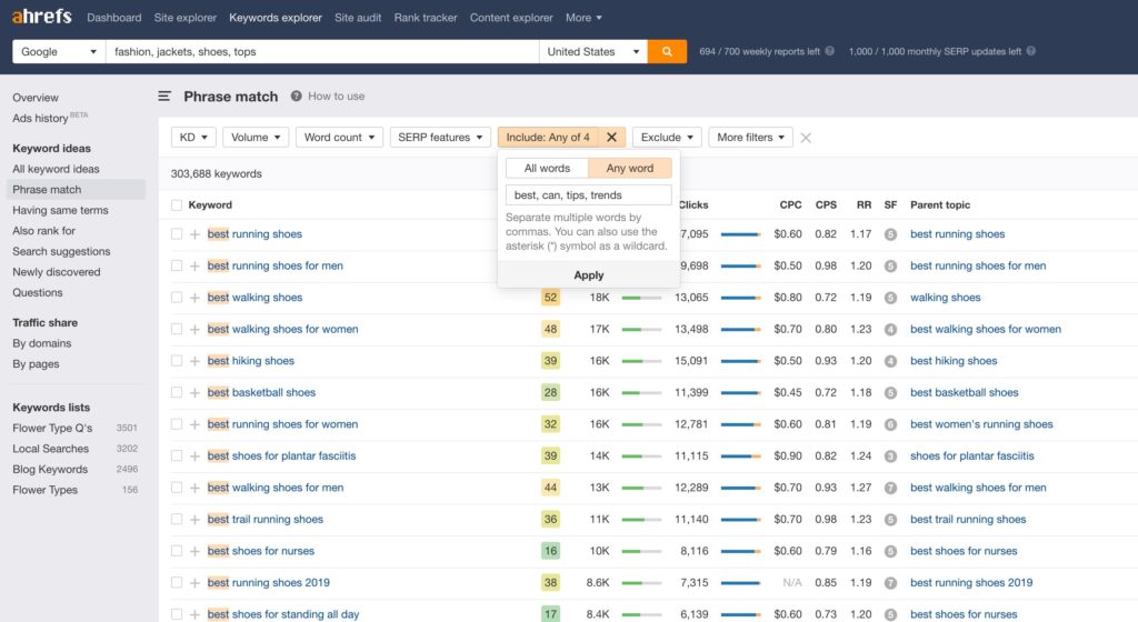 Keyword explorer report in Ahrefs with informational keyword research filtered.