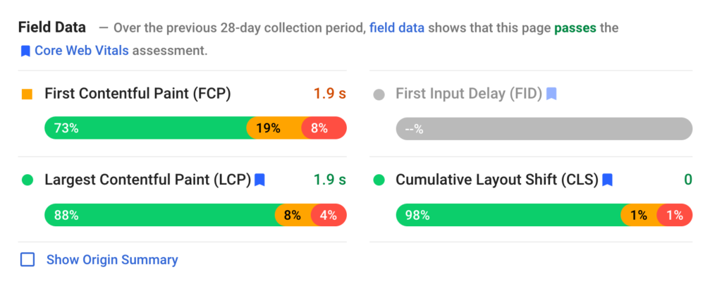 Google Page speed insights field data