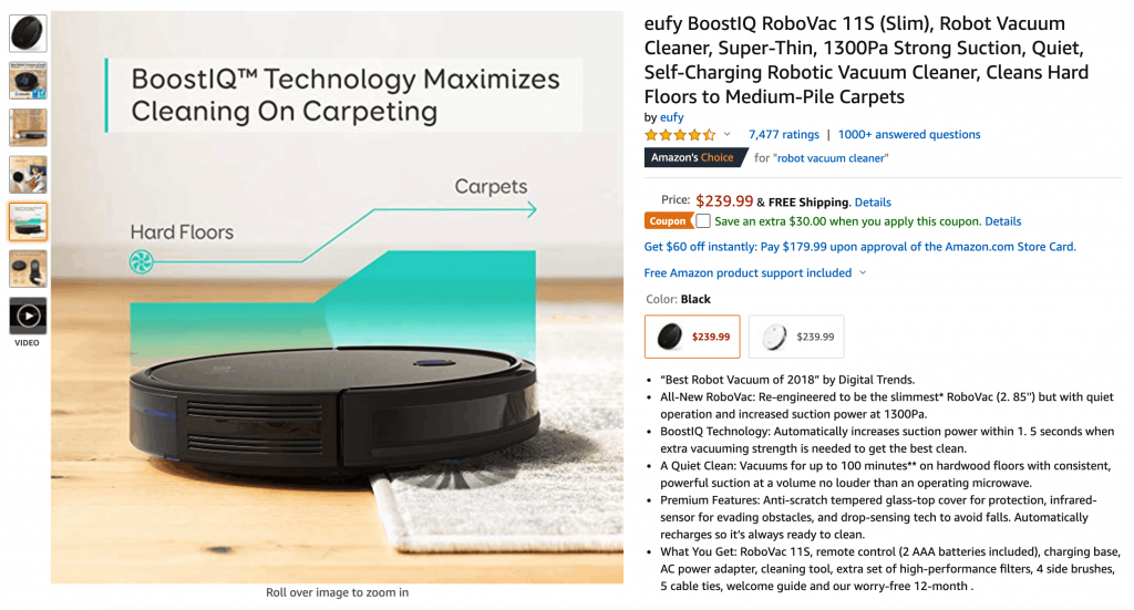Amazon.com screen capture with a robot vacuum product page presenting the product image