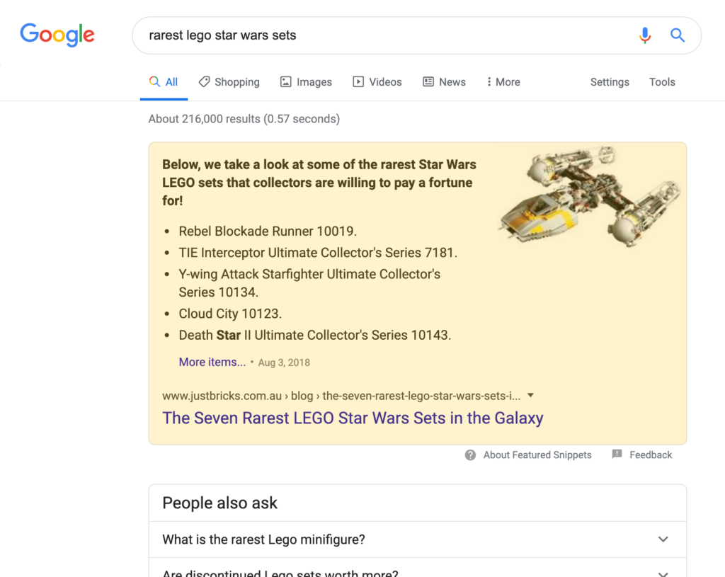 Bulleted Featured Snippet search result on a desktop device
