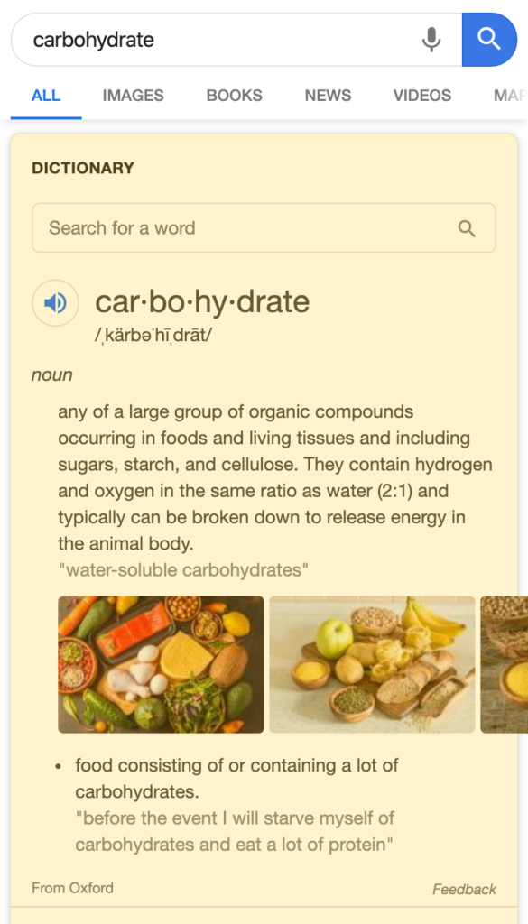 Dictionary Box search result on a mobile device