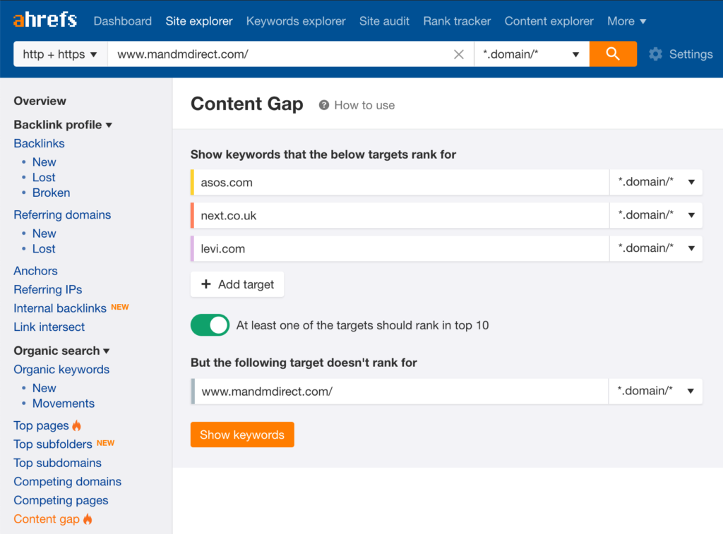 Content gap analysis report for domains in Ahrefs.