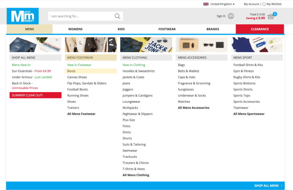 MandM Direct menu with product categories highlighted.