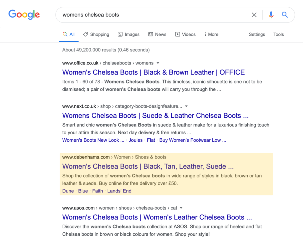 SERP for womens chelsea boots with website highlighted.