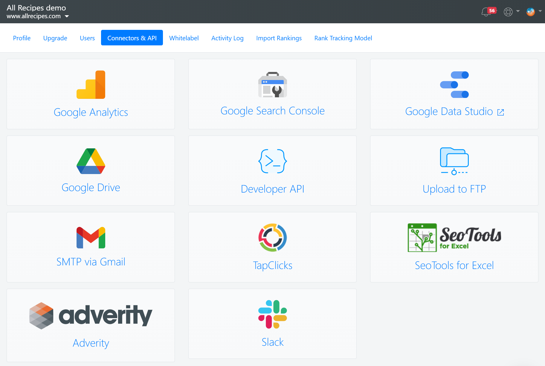 Integrations and connectors available in Advanced Web Ranking.