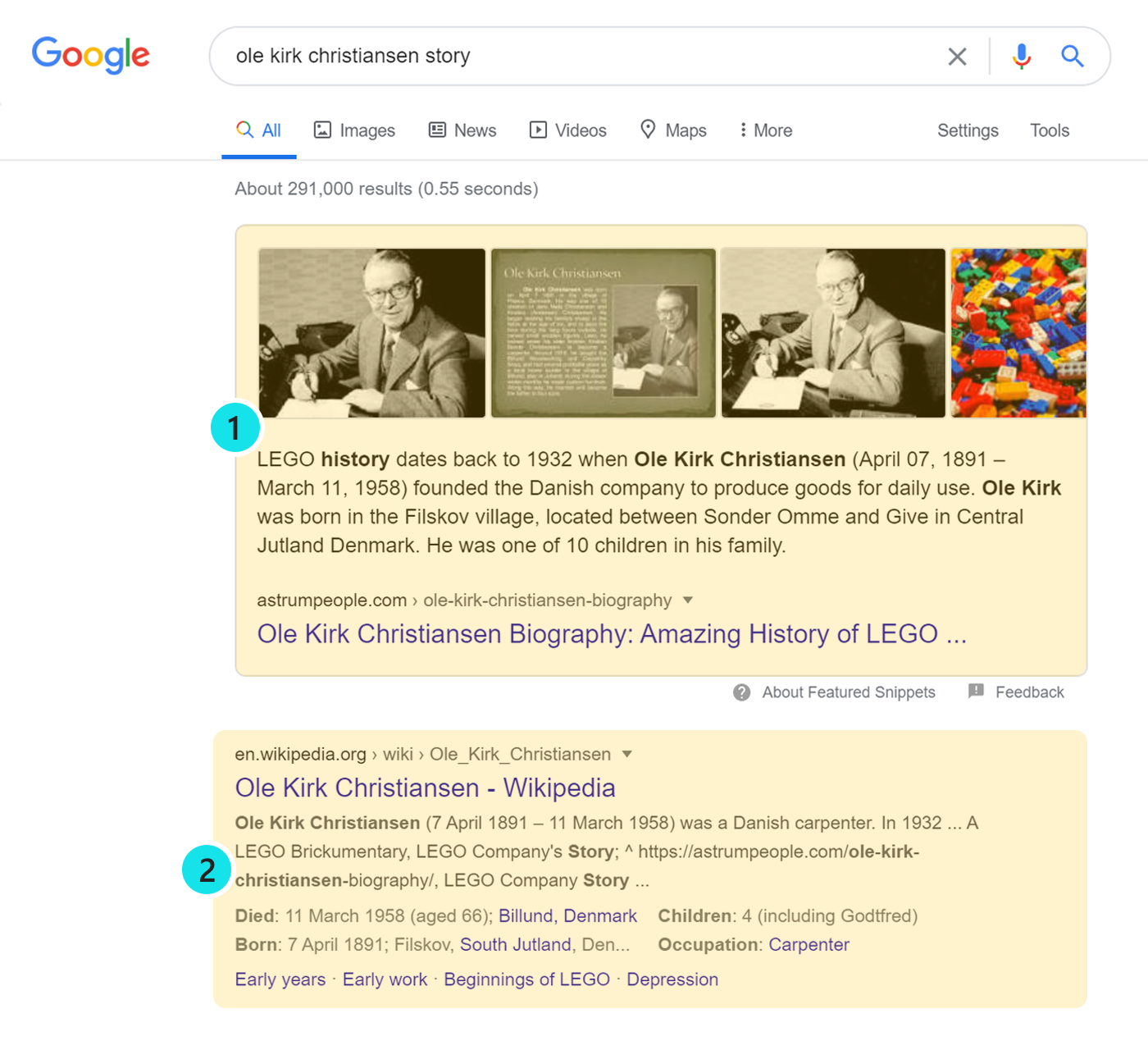 SERP screenshot highlighting position one for the Featured Snippet result.