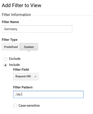 Screenshot with how to configure filters in Google Analytics, based upon Request URI.