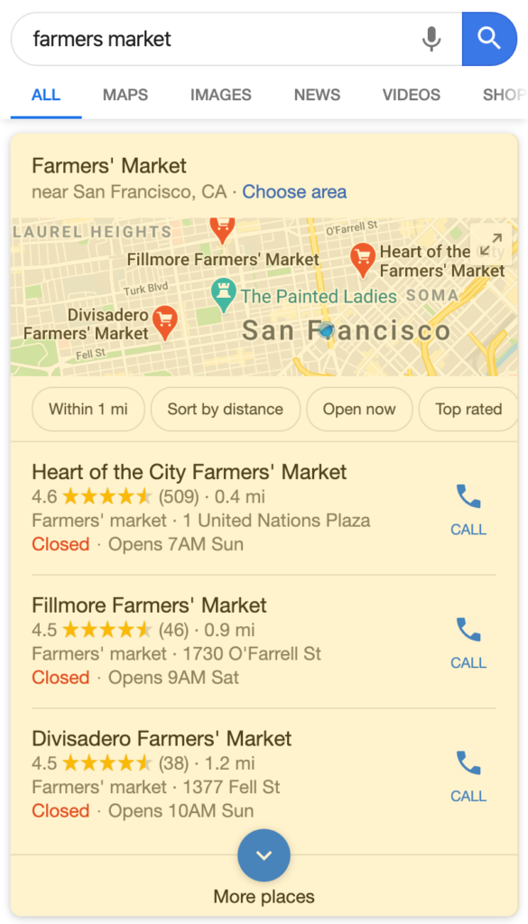 Local pack search result on a mobile device