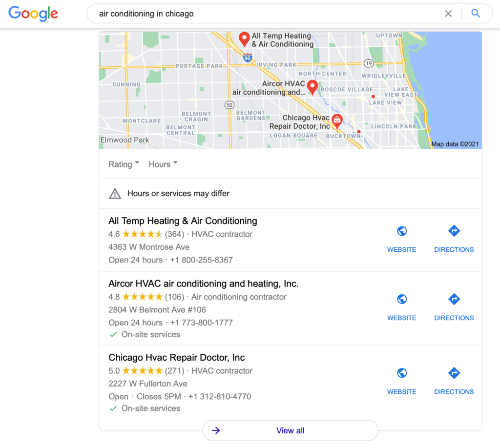 Local seo, air conditioning in chicago, competitors search results