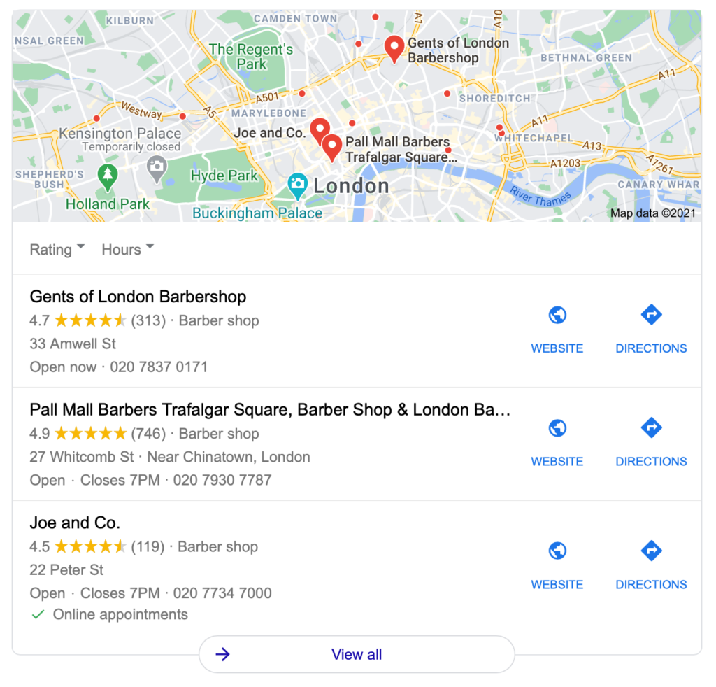 Local seo, gents of london barbershop, search results