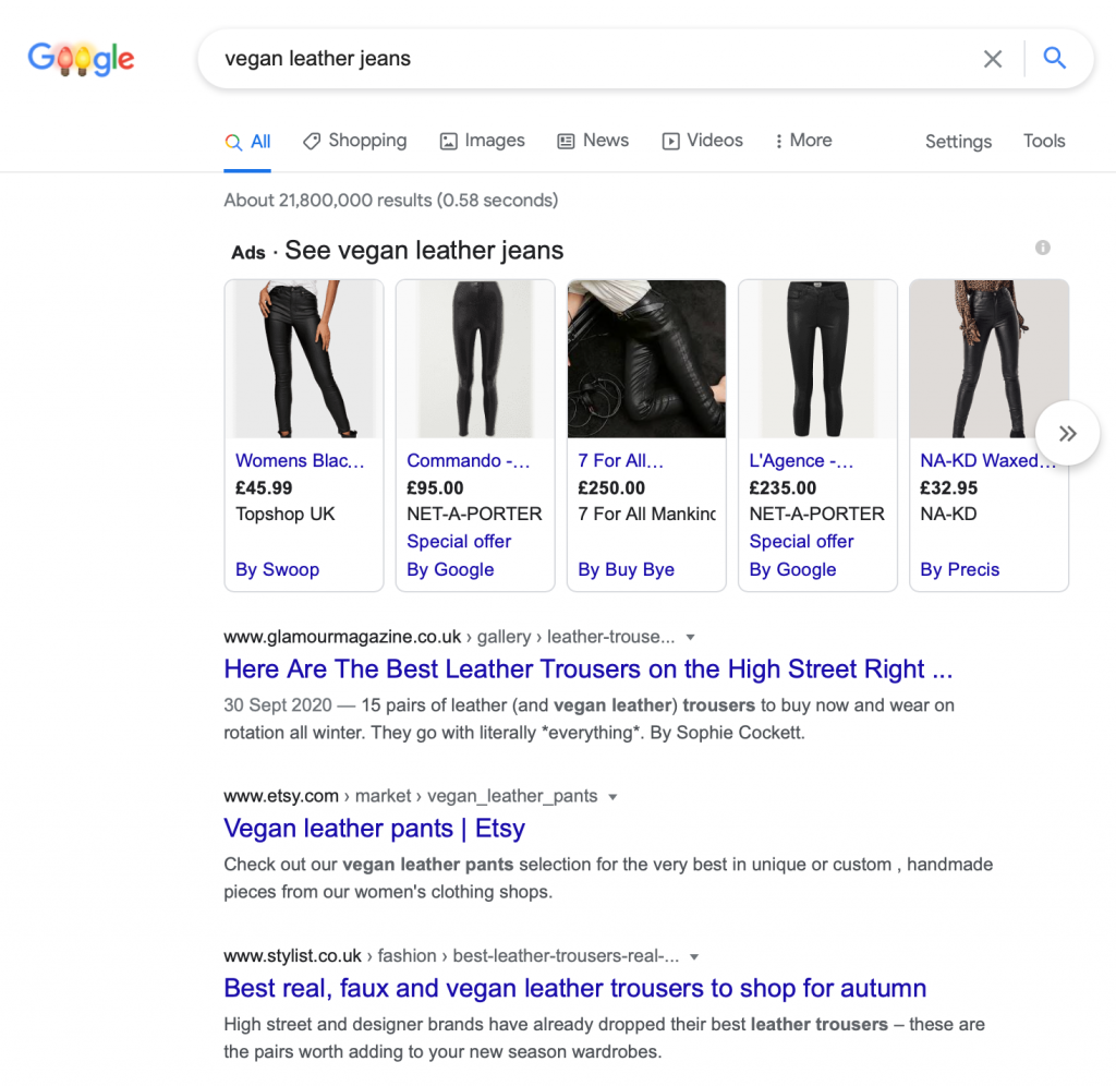 long-tail-keywords-vegan-leather-jeans-serp