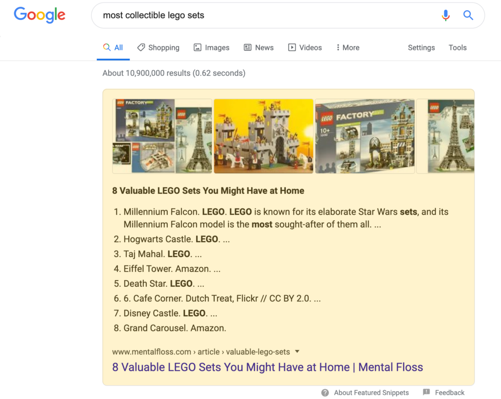 Numbered Featured Snippet search result on a desktop device