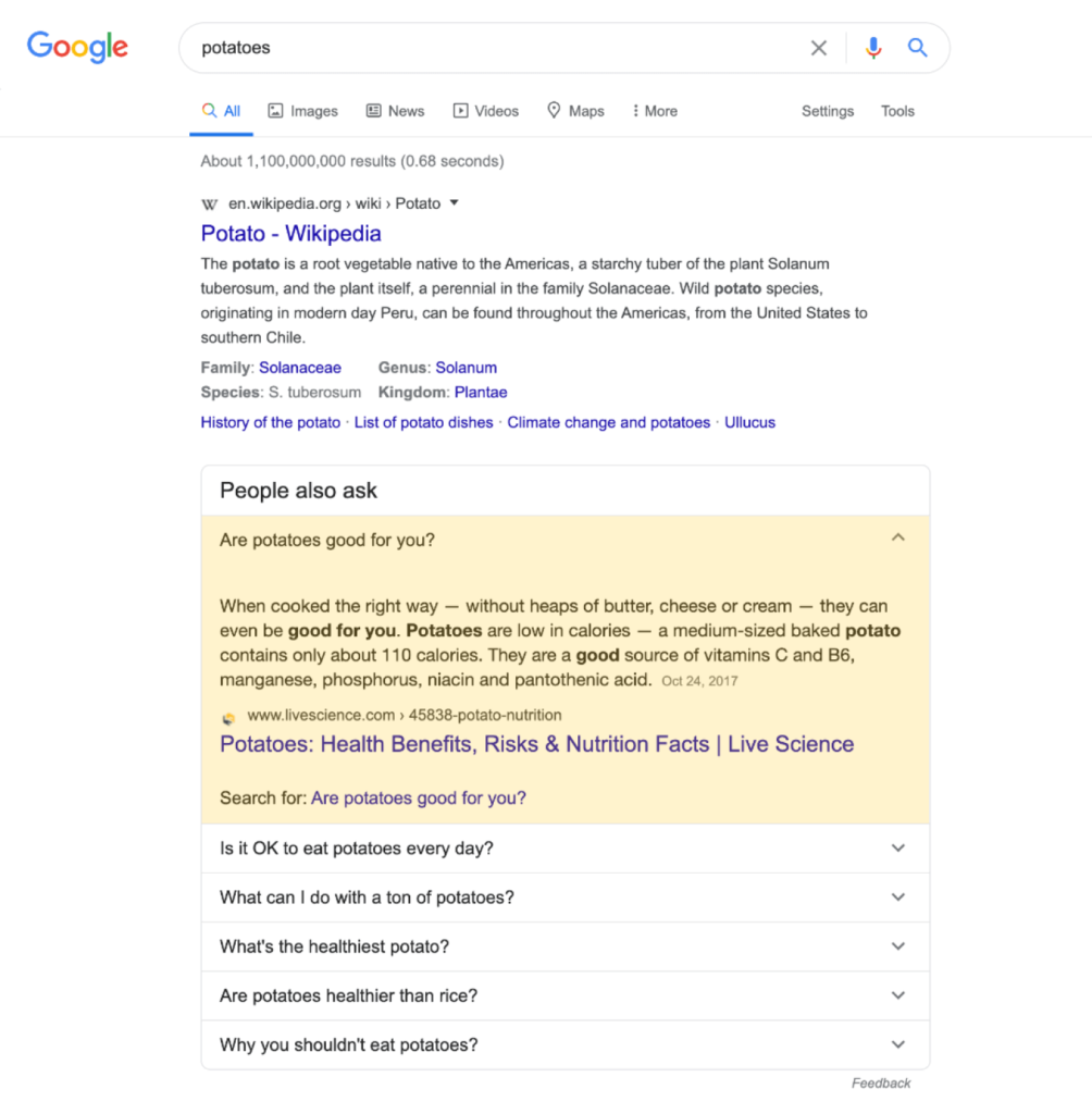 Potatoes google search, people also ask results
