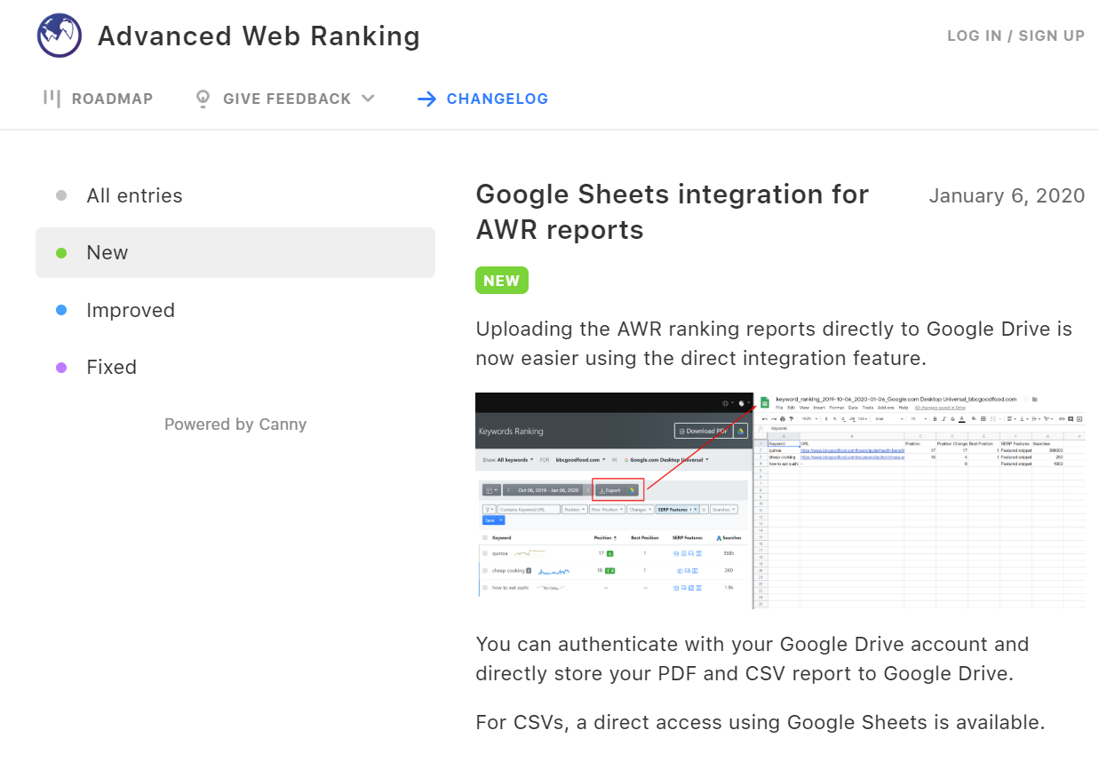The Advanced Web Ranking product roadmap and changelog are publicly available.