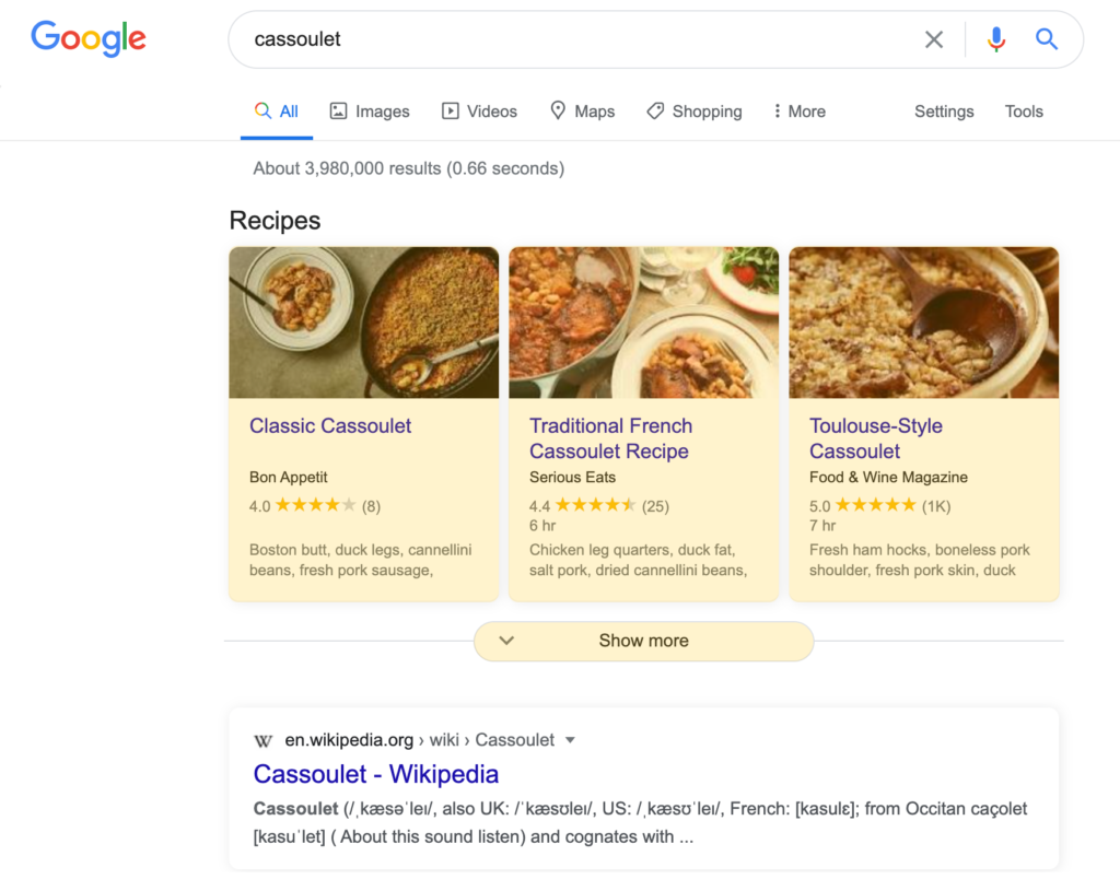 Recipe Cards search result on a desktop device