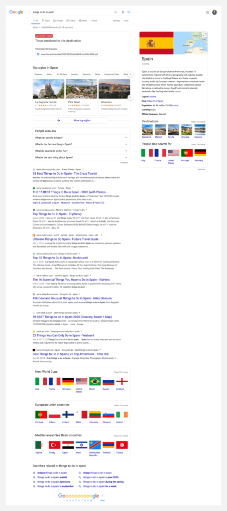 Search engine result page for things to do in spain.