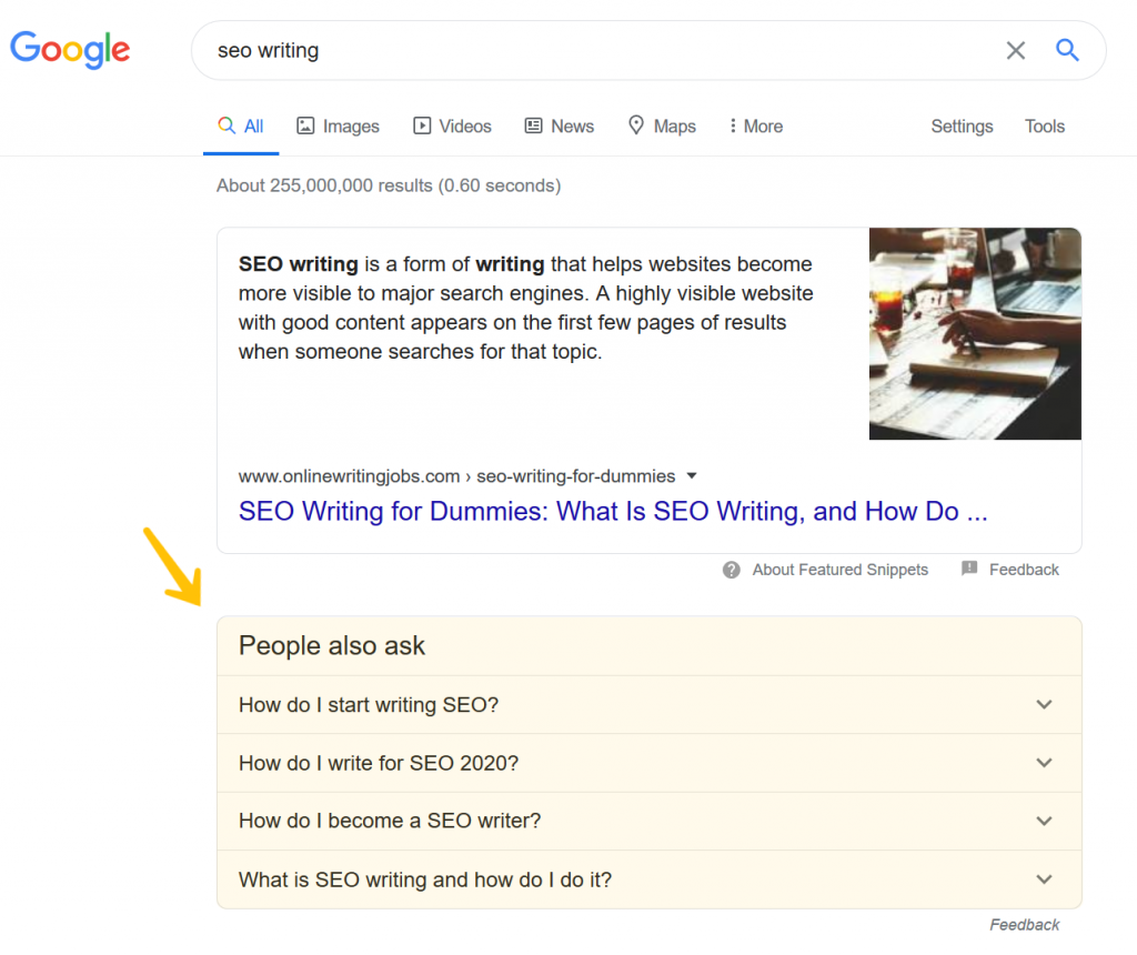 Seo writing, SERP screenshot for SEO writing with people also ask questions highlighted