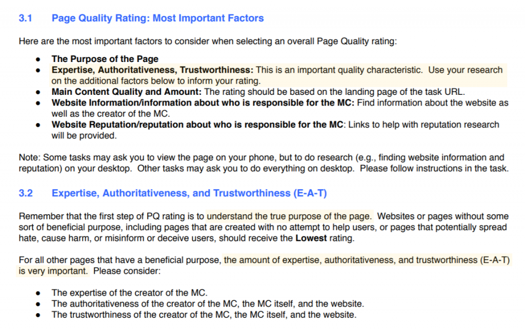 Seo writing, Screenshot with Google's Quality Rater Guidelines