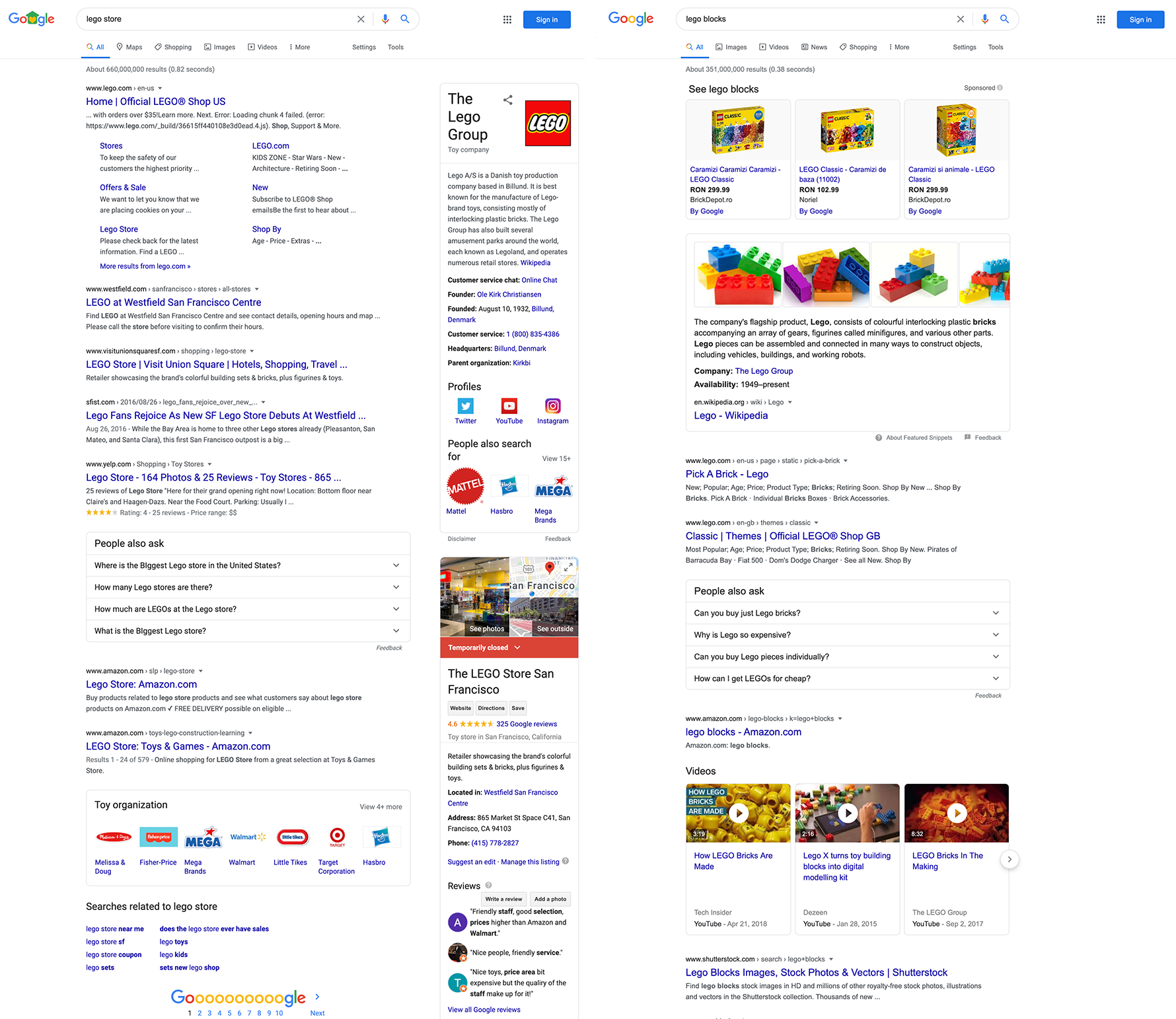 Side by side SERP screenshots with SERP features triggered by "lego store" and "lego blocks" searches.