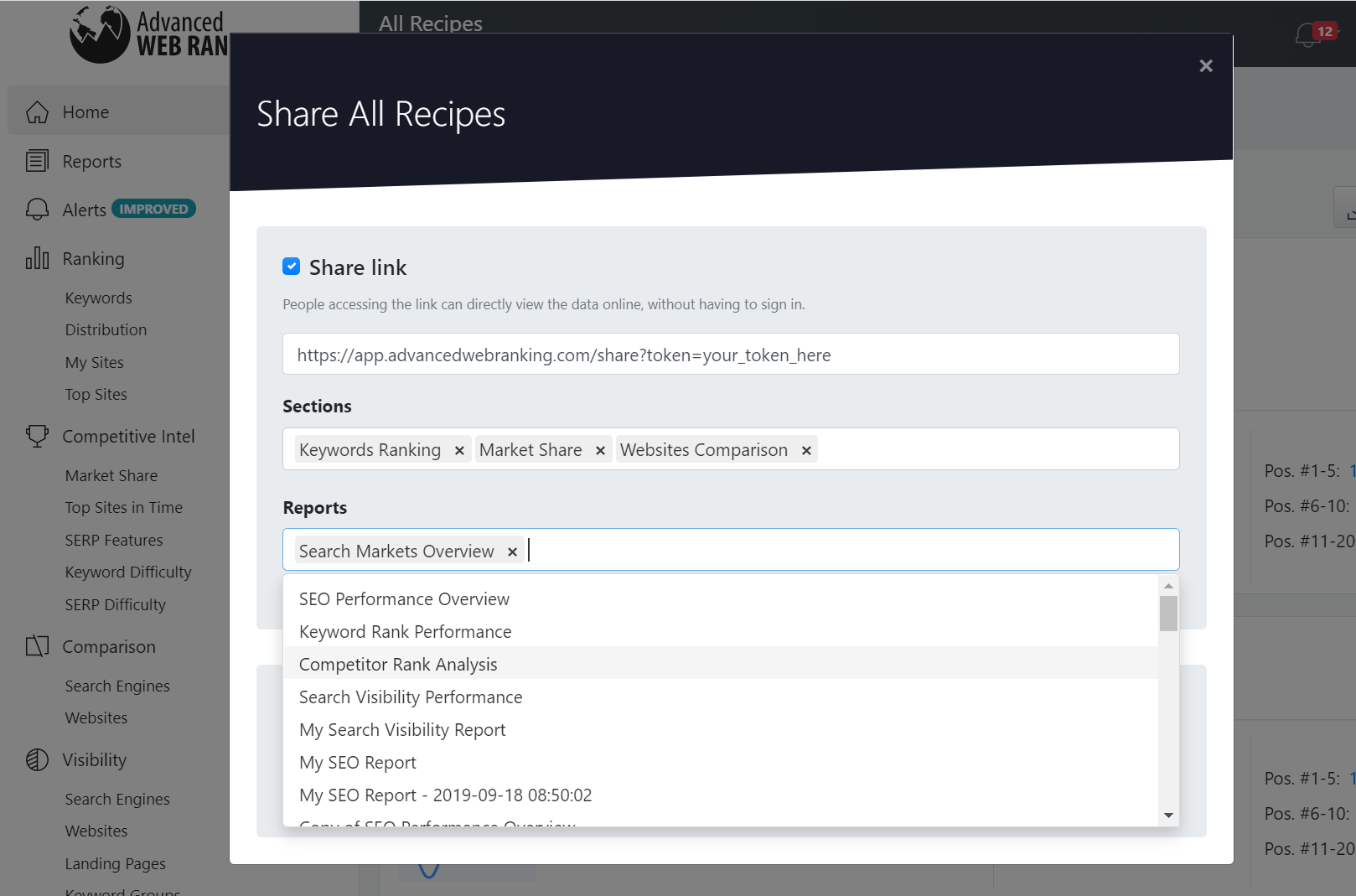 How to select specific reports and project sections for sharing with clients.