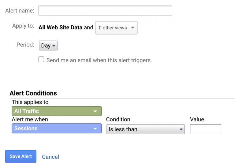 Screenshot showing how to set up alerts in Google Analytics.