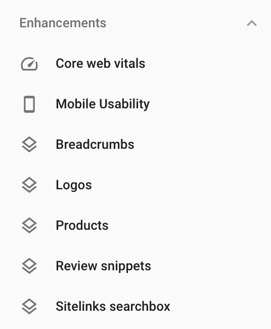 Screenshot with the "Enhancements" menu from Google Search Console.