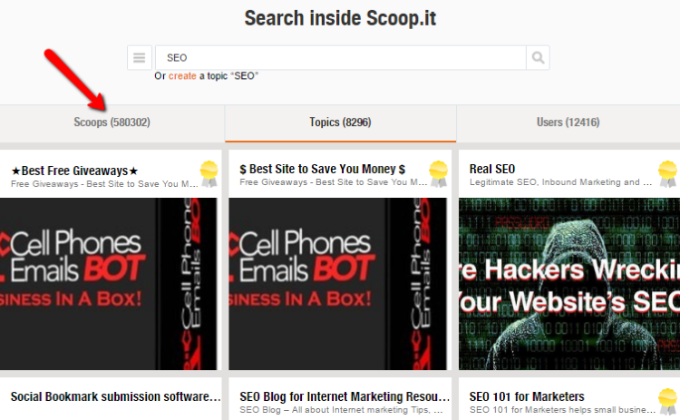 Screenshot with Scoop.it search results