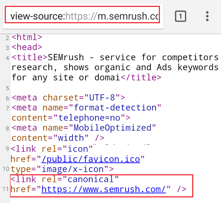 Screenshot from page HTML source that shows the canonical tag.