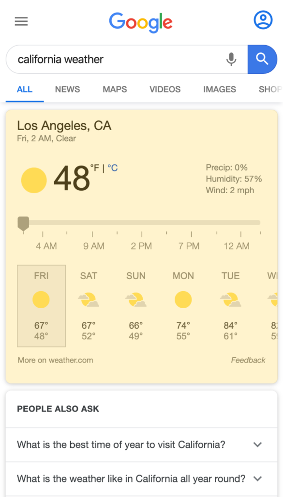 Weather Box search result on a mobile device