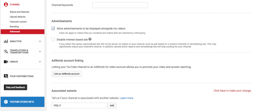 Screenshot with Youtube channel settings